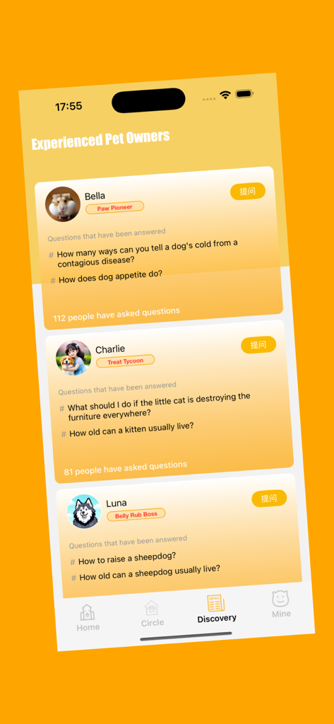 Zutto - Discover, Care, Share - Screenshot of the Zutto app showing the discovery tab where experienced pet owners answer questions about pet health and behavior.