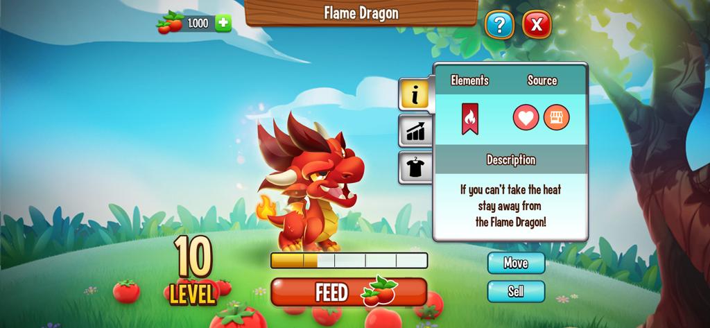 Dragon City: Battle Adventure! - Un Dragón de Fuego en nivel 10 en Dragon City mostrando sus estadísticas y opciones de alimentación.