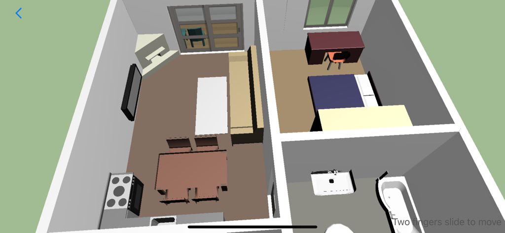 Visualizzazione 3D dall'alto di una pianta di una casa, inclusi soggiorno, camera da letto e bagno