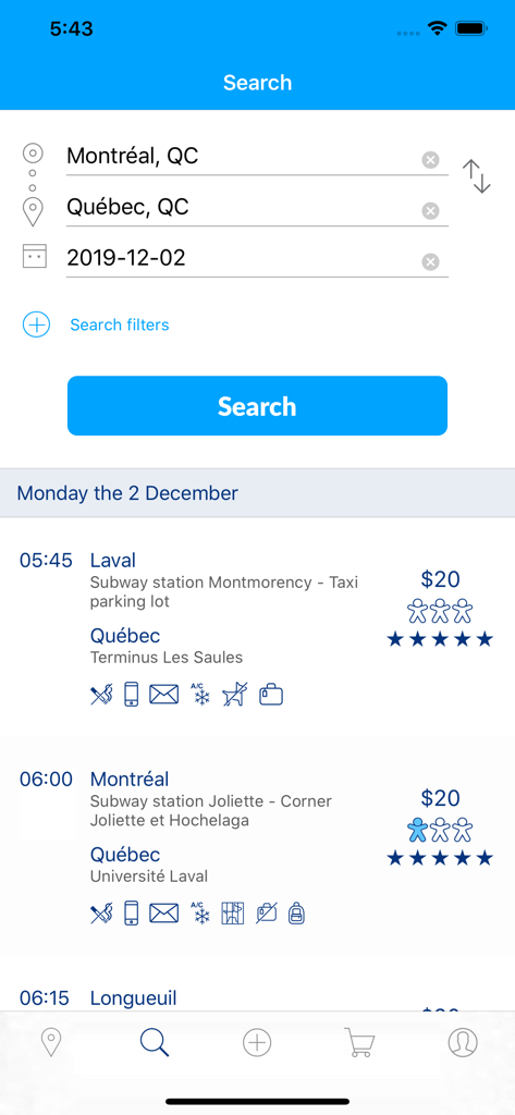 Kangaride app search results showing ride options from Montreal to Quebec