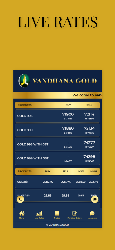 Vandhana Gold Live - Tarifas de lingotes de oro y plata en tiempo real en la aplicación móvil Vandhana Gold Live