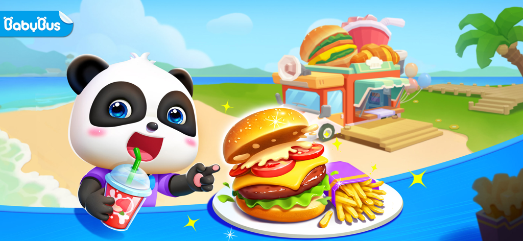 Little Panda: Pocket Factory - Little Panda con una hamburguesa y papas fritas en un camión de comida en la playa