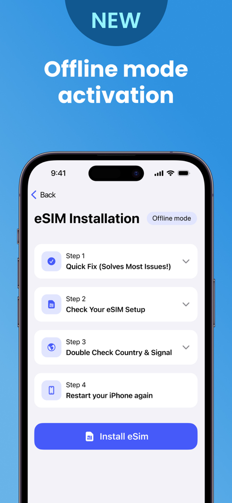 eSIM installation screen featuring offline mode activation steps on an iPhone