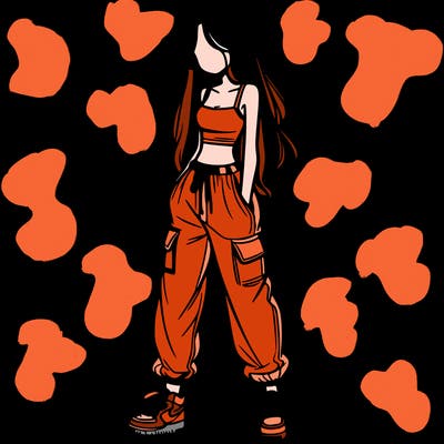 girl in baggy pants crop top and long hair