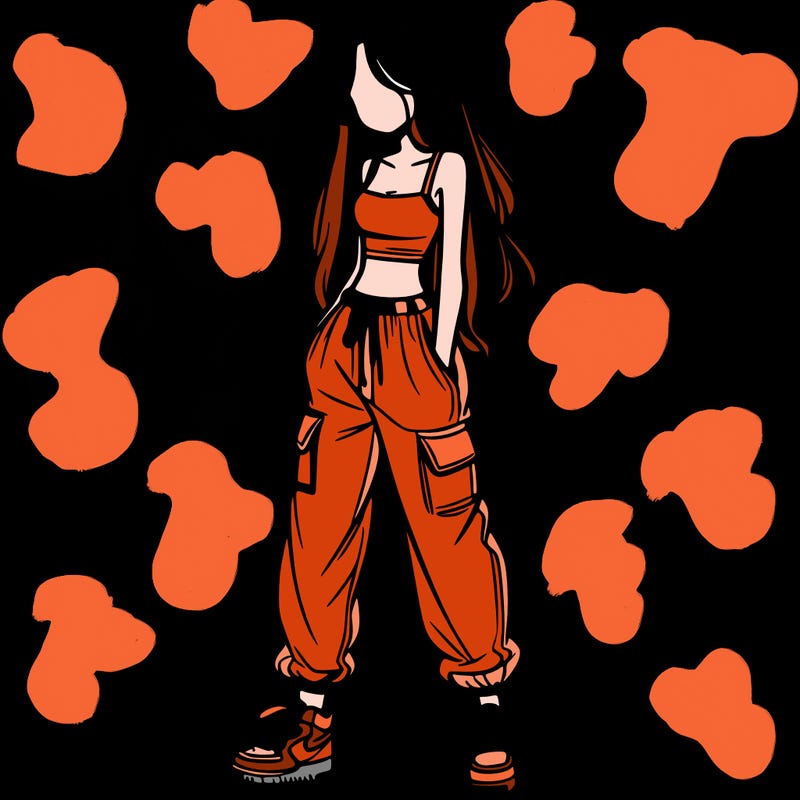 girl in baggy pants crop top and long hair