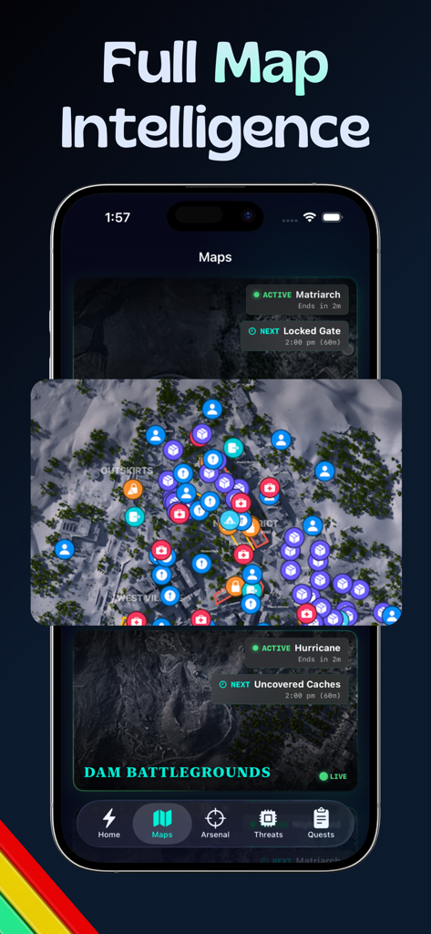 Raiders Map & Live Events - ARC Raiders companion app showing an interactive game map with markers and live event countdowns