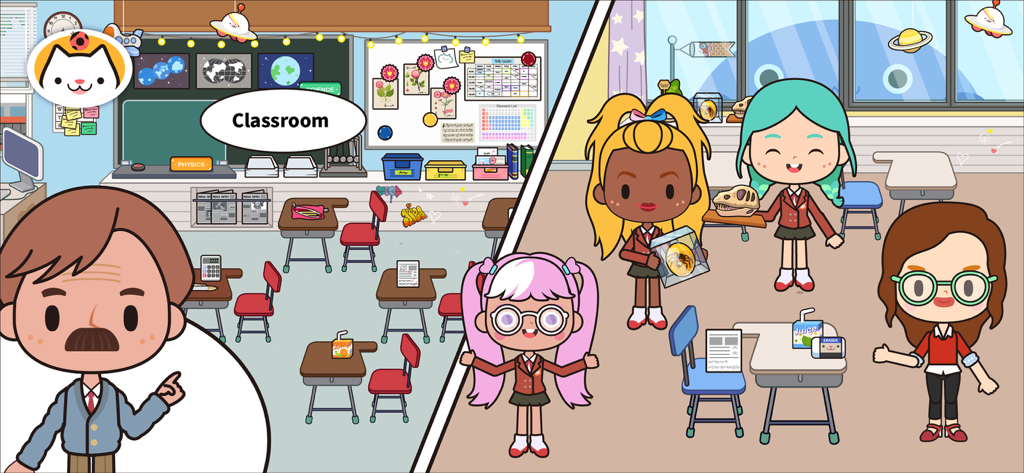 Miga Town: My School - Cartoon classroom scene in Miga Town My School showing teacher and student characters