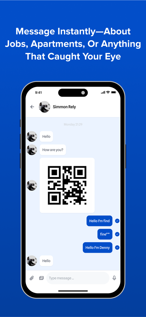 iorUp app chat screen showing instant messaging for jobs and apartments with a QR code