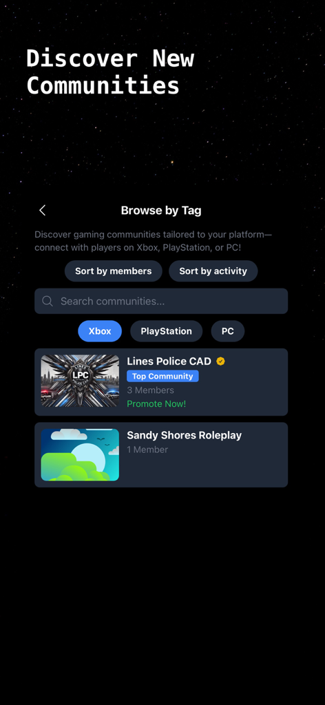 LPC-APP - Interface of the LPC-APP showing the community discovery screen with filters for Xbox, PlayStation, and PC.