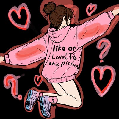 realistic girl jumping with a bun and oversized sweatshirt
