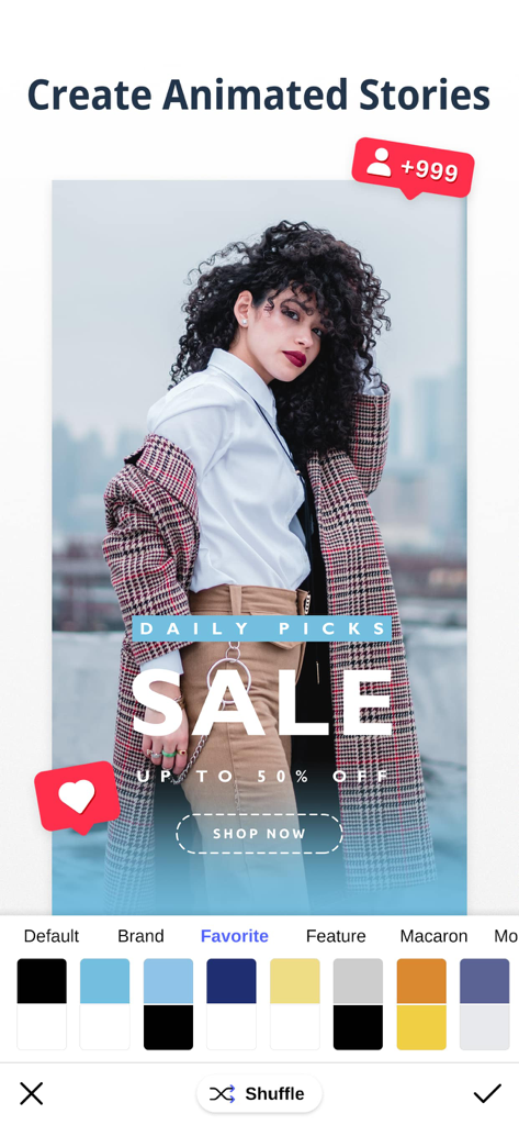 Inspac app interface showing a professionally designed animated Instagram story template for a clothing sale with custom color palettes