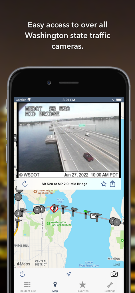 Washington State Roads app showing a live traffic camera feed of the SR 520 bridge on a map of Seattle.