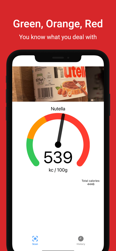 Calories Scanner - Screenshot of the Calories Scanner app displaying a color coded gauge for food caloric density