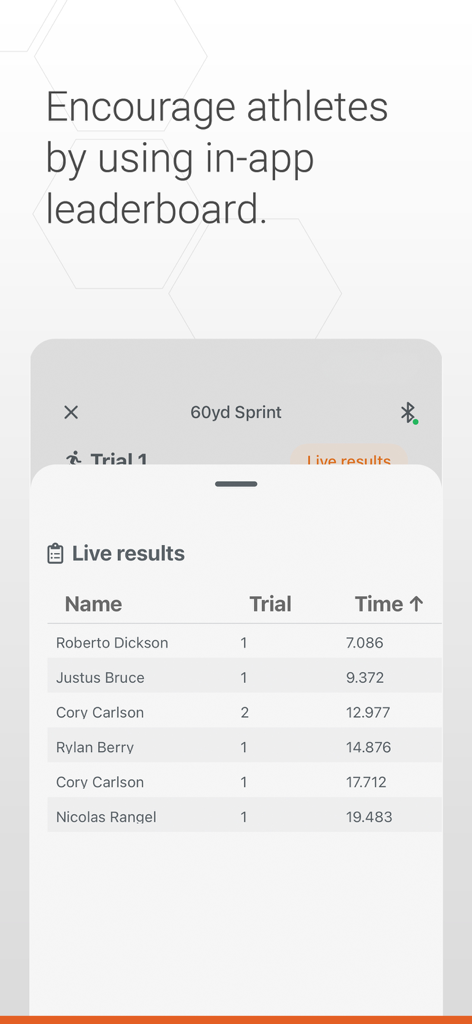 SmartSpeed Plus - In-app live leaderboard showing athlete names and sprint times for a 60-yard drill