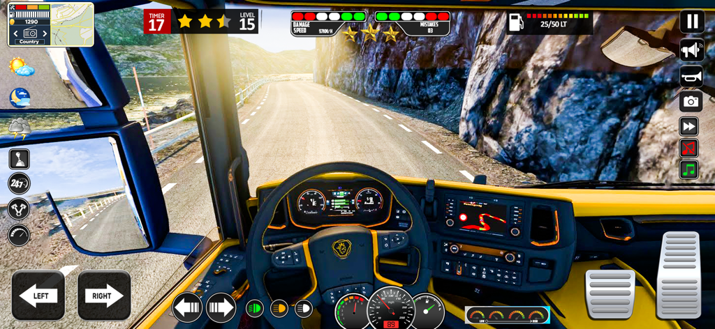 American Truck Cargo Transport - Vista de cabina de un camión conduciendo por una carretera de montaña sinuosa con controles de salpicadero realistas