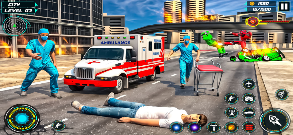 Robot Battle X-Rescue Bots War - Paramédicos y una ambulancia corriendo para ayudar a un civil durante una batalla de robots en la ciudad