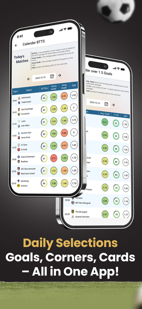 XpertStats Betting Tips - XpertStats app interface displaying soccer betting statistics and daily goal predictions