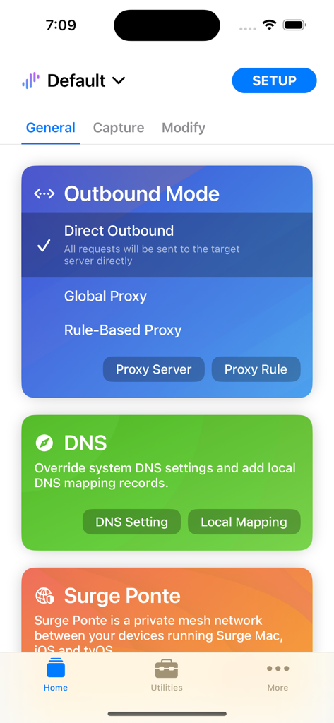 Surge 5 - Surge 5 앱 홈 화면으로 아웃바운드 모드 선택 및 DNS 구성 도구를 표시합니다.