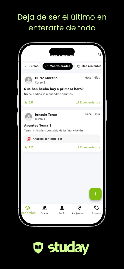 Mobile screenshot of the Studay app showing an academic community feed where students share notes and study questions.