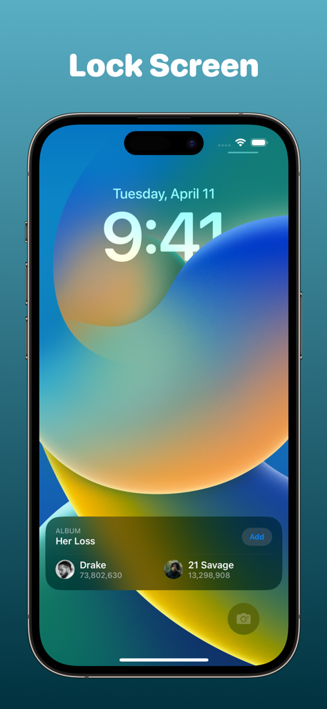 iPhone lock screen showing SongView music live activity widget with album and artist details.