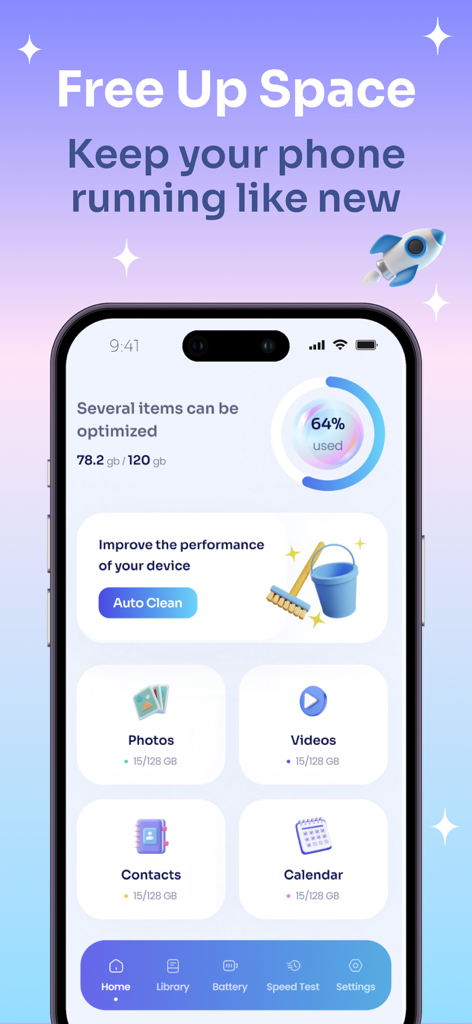 CleanApp Pro: Storage Cleaner - Panel de CleanApp Pro mostrando el uso del almacenamiento del teléfono y las herramientas de limpieza