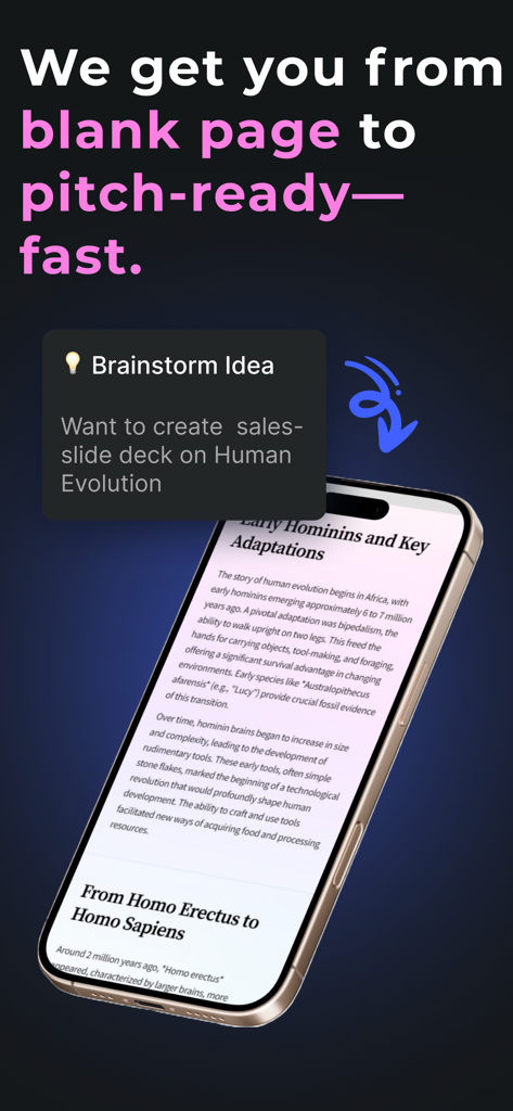 AI Presentation Maker – Slides - AI 프레젠테이션 메이커 앱을 사용하여 브레인스토밍 아이디어에서 생성된 인간 진화에 대한 전문가 수준의 슬라이드를 보여주는 스마트폰