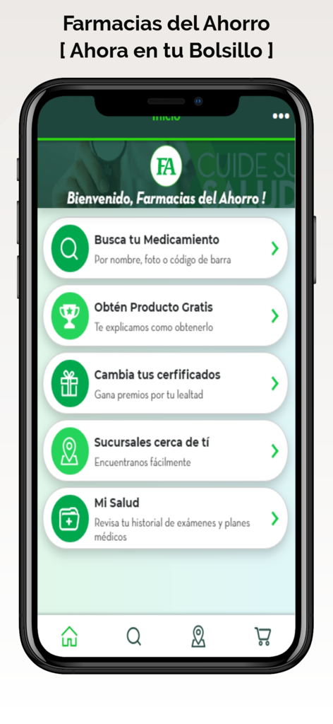 Farmacias del Ahorro Honduras - Farmacias del Ahorro Hondurasアプリのホーム画面。薬の検索と支店検索機能が表示されています。