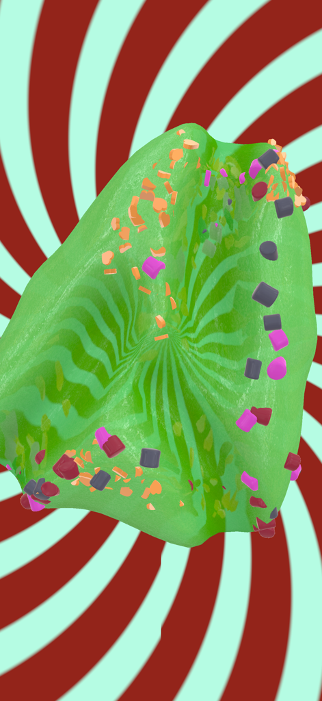 Slime Studio - A translucent green slime with colorful toppings over a red and light blue swirl background