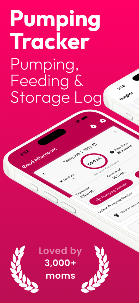 La interfaz de la aplicación Pumping Tracker muestra los registros de las sesiones de extracción de leche materna y la información sobre la producción diaria.