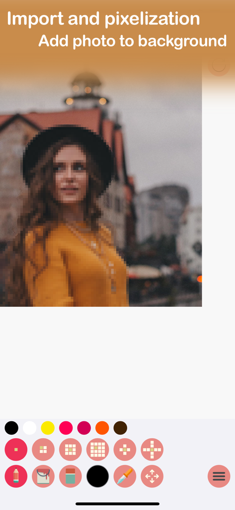 Pixel Art Studio for drawing - Interface of Pixel Art Studio app showing the photo pixelization feature with drawing tools at the bottom