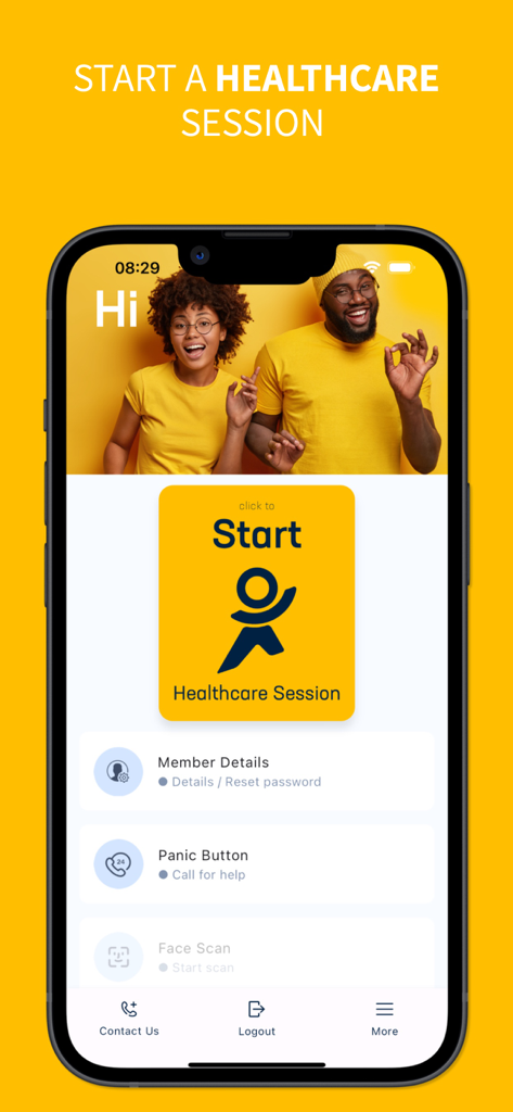 Umvuzo Health Care - Umvuzo Health Care app dashboard with a start healthcare session button and member detail options