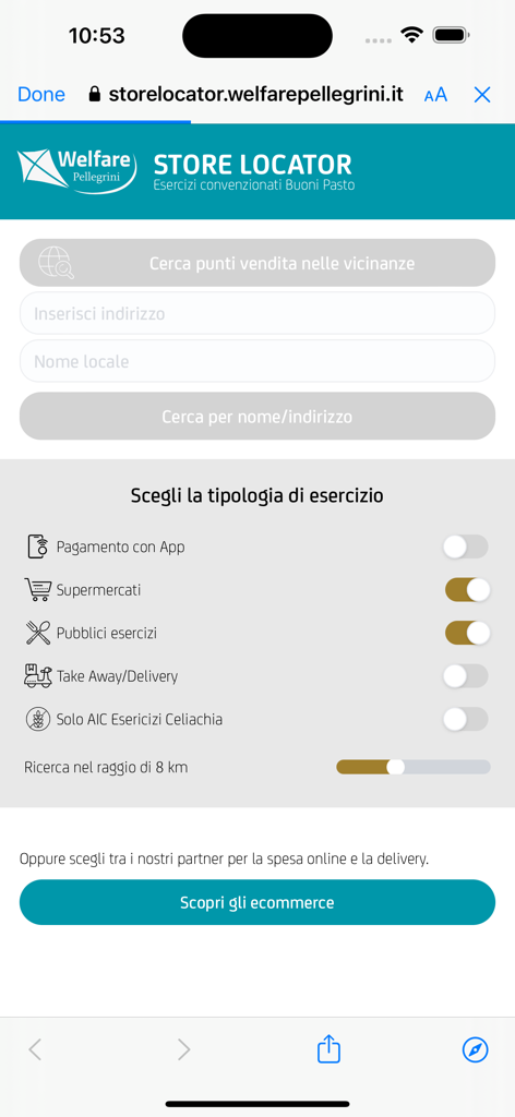Pellegrini Card - Pellegrini Card app store locator screen showing search bars and merchant category filters.
