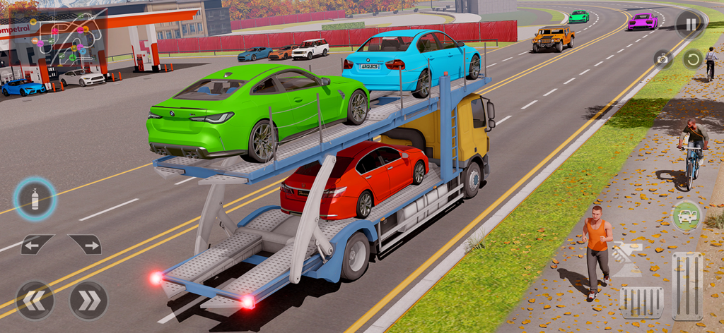 Truck Driving Games Simulator - A yellow car carrier truck transporting colorful luxury cars on a city road