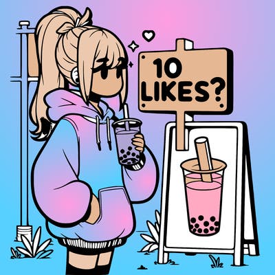 girl with oversized hoodie drinking boba and she has a high ponytail with a sign that says 10likes?