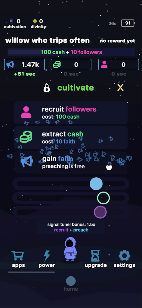 cozy cult - Gameplay screen of Cozy Cult showing cult management options and resource meters