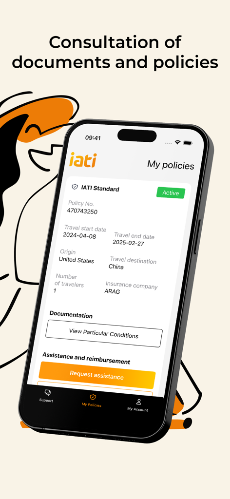 IATI mobile app screen showing active travel insurance policy details and assistance request button