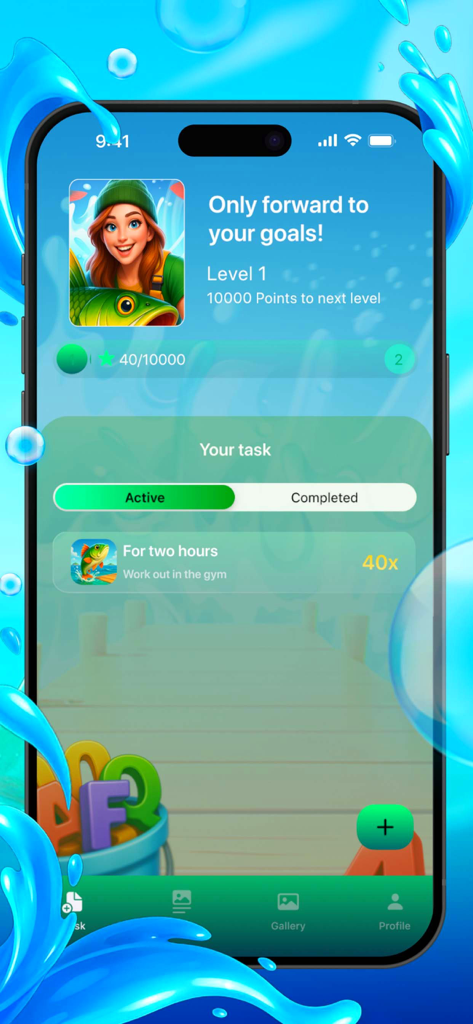 Deep Sea Fish Notes or Task - Gamified task management interface with ocean theme showing level one progress and gym task.
