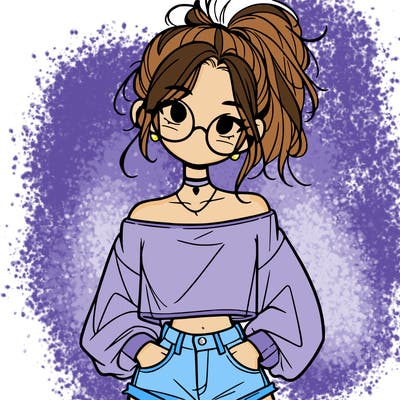 girl with a messy ponytail glasses a baggy crop top and jean shorts
