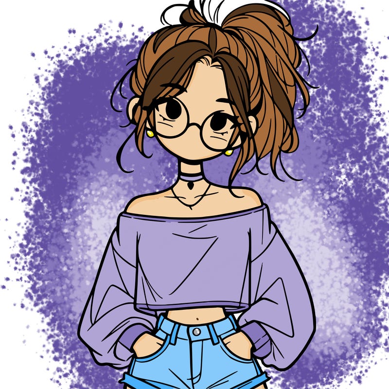 girl with a messy ponytail glasses a baggy crop top and jean shorts