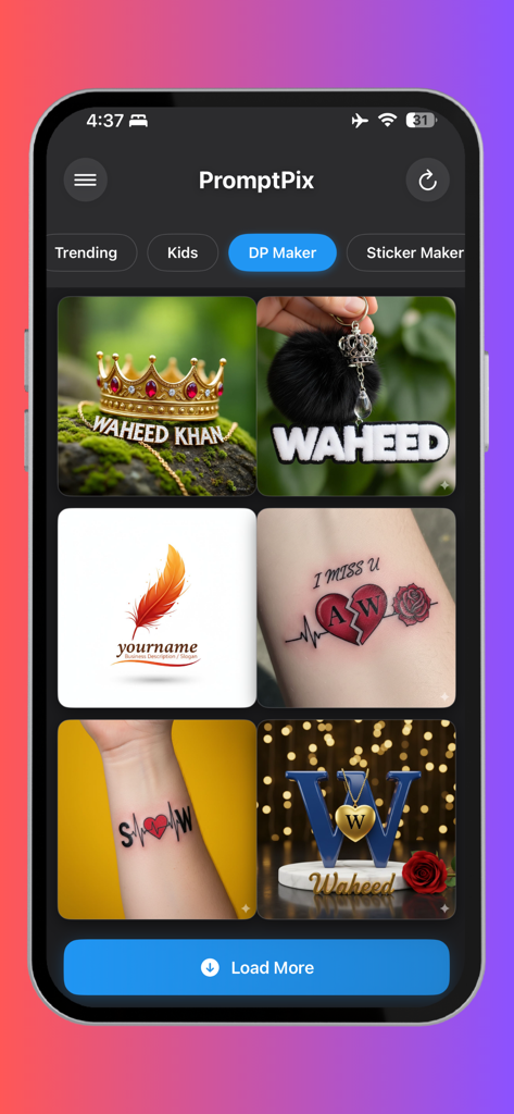 PromptPix -AI Prompt Generator - PromptPixアプリのインターフェース、プロフィール写真作成のためのAIプロンプトカテゴリを表示しています