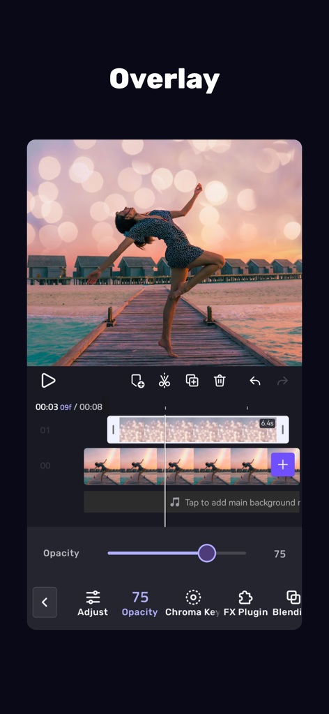 VivaCut mobile app interface showing a video overlay effect with a multi-layer editing timeline