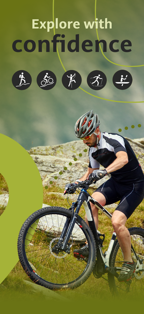 Outdooractive - Homem praticando mountain bike nas montanhas com o texto Explore com confiança e ícones para caminhada, escalada e esqui