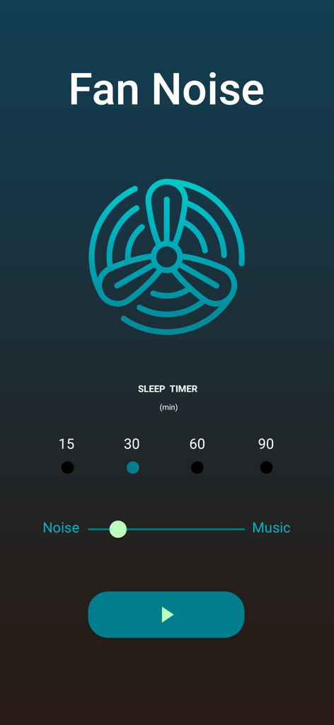 Fan Noise App Sounds for Sleep - Interface of the Fan Noise app showing a fan icon sleep timer settings and a sound mixer slider