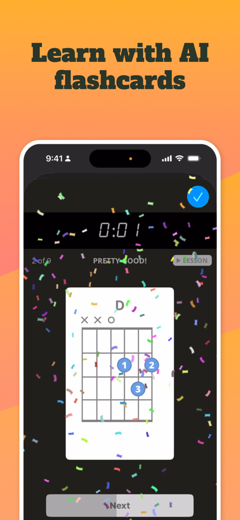 Aplicación ChordBank que muestra tarjetas de memoria de IA de guitarra con un diagrama de acorde de Re mayor y confeti