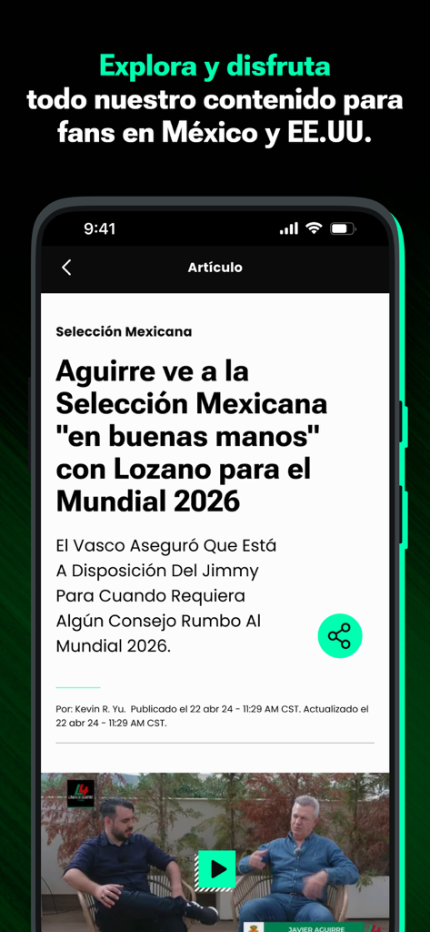 TUDN: TU Deportes Network - Interfaz de la app TUDN mostrando un artículo de noticias deportivas en español sobre la selección mexicana de fútbol
