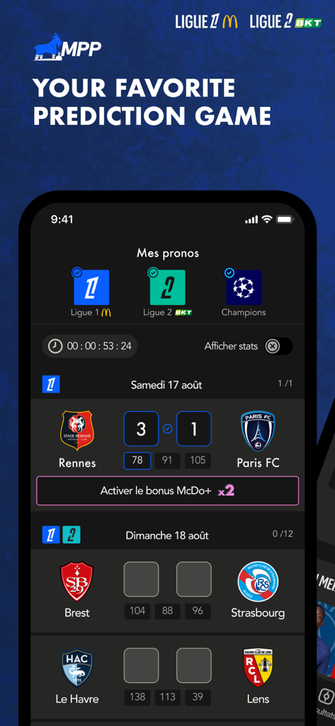 MPP - The social predictor - Interfaz de la aplicación MPP mostrando predicciones de resultados de partidos de fútbol para la Ligue 1 y la Champions League.