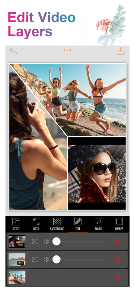 Interface of VideoGrid app showing video layer editing and collage creation tools