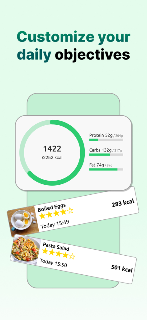 Dashboard del contatore calorico AI che monitora proteine, carboidrati e grassi giornalieri con i pasti registrati