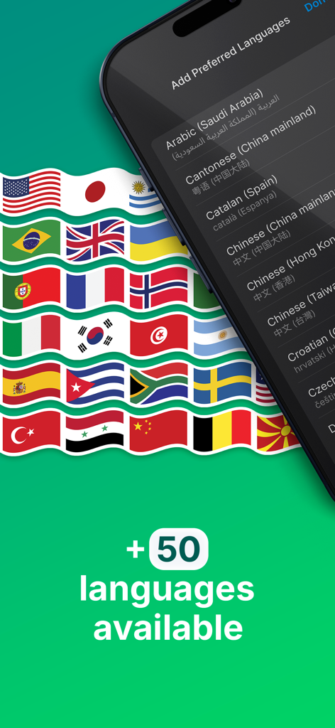 Interface showing over 50 supported languages with international flags background