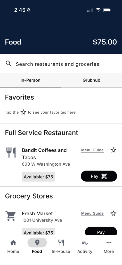 Interface da aplicação Red Card Athletics mostrando o saldo de refeições e restaurantes e mercearias participantes nas proximidades